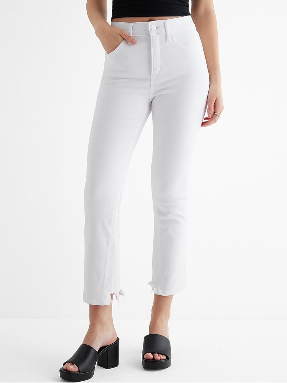 Express High Waisted White Raw Hem Cropped Flare Jeans - 12 Long